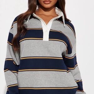 Fashion Nova Navy and Gray Striped Button Down Shirt
